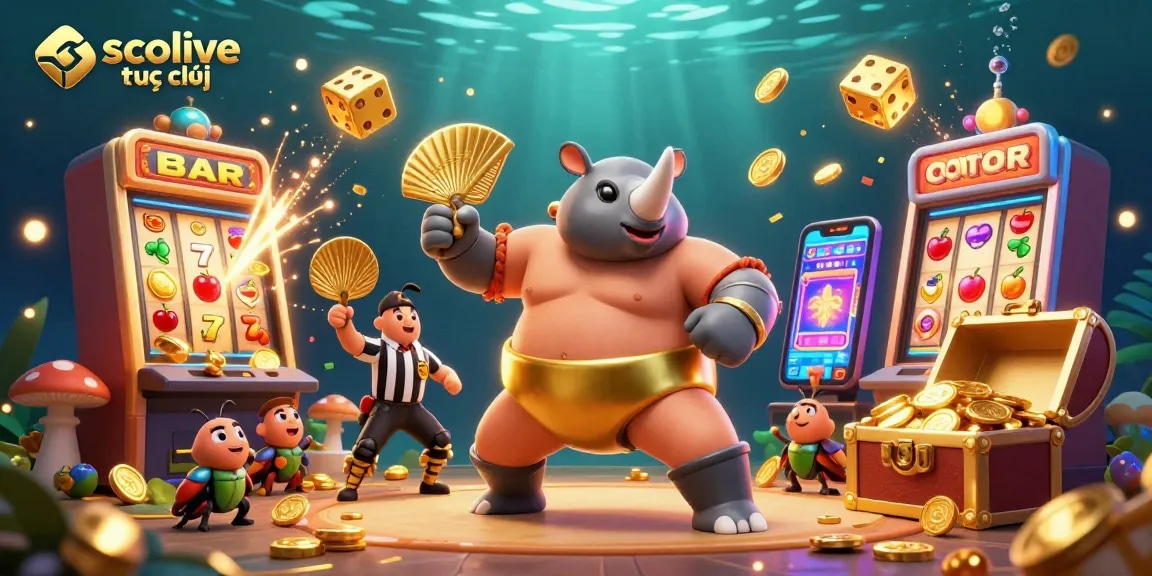 Socolive trực tiếp showcases a thrilling casino scene with a beetle sumo champion and dynamic game elements.