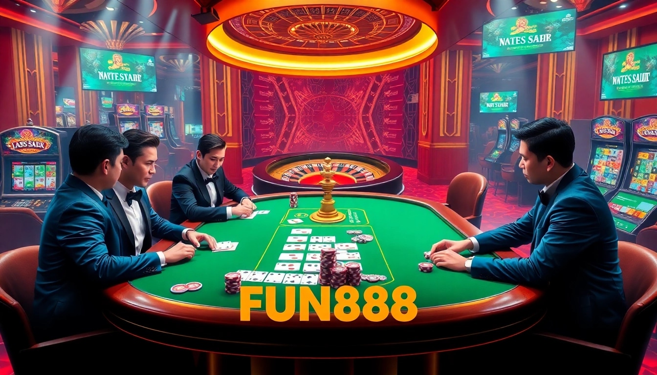 Experience the excitement of FUN88 with a vibrant casino scene featuring poker tables, roulette wheels, and lively betting action.