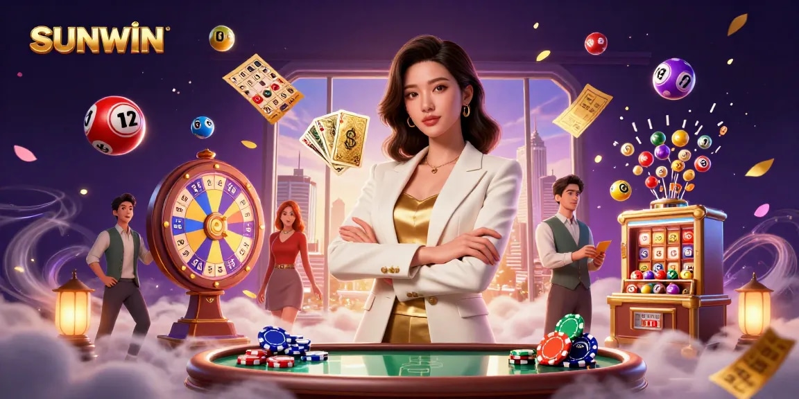 SUNWIN engages players with vibrant casino activities, showcasing a powerful businesswoman surrounded by dynamic games.
