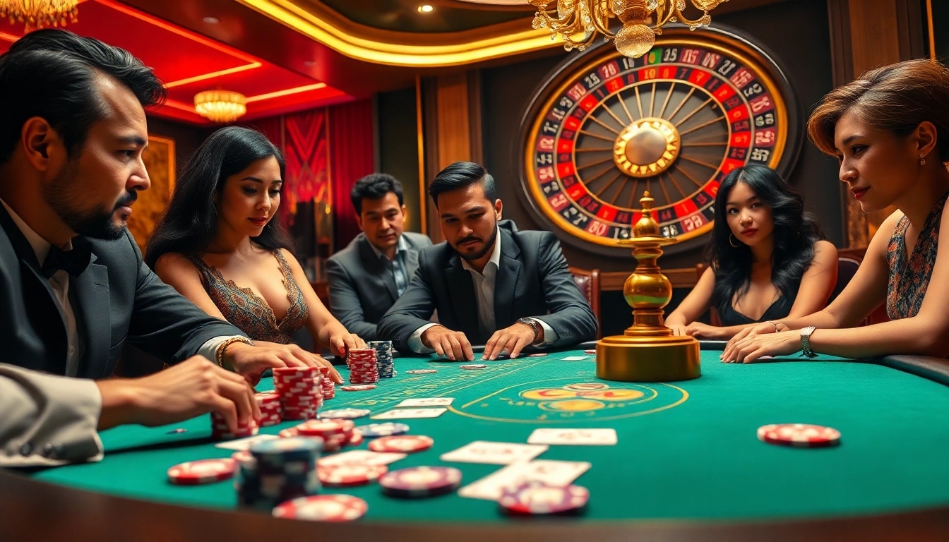 Engaged players enjoy high-stakes poker at Nhà Cái QQ88, capturing a thrilling atmosphere of luxury gaming.