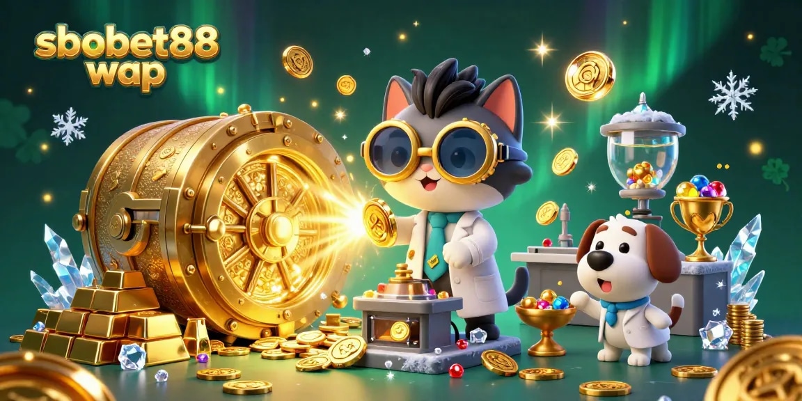 Engage with sbobet88 wap in a vibrant illustration of a mad scientist cat creating wealth with a treasure vault.