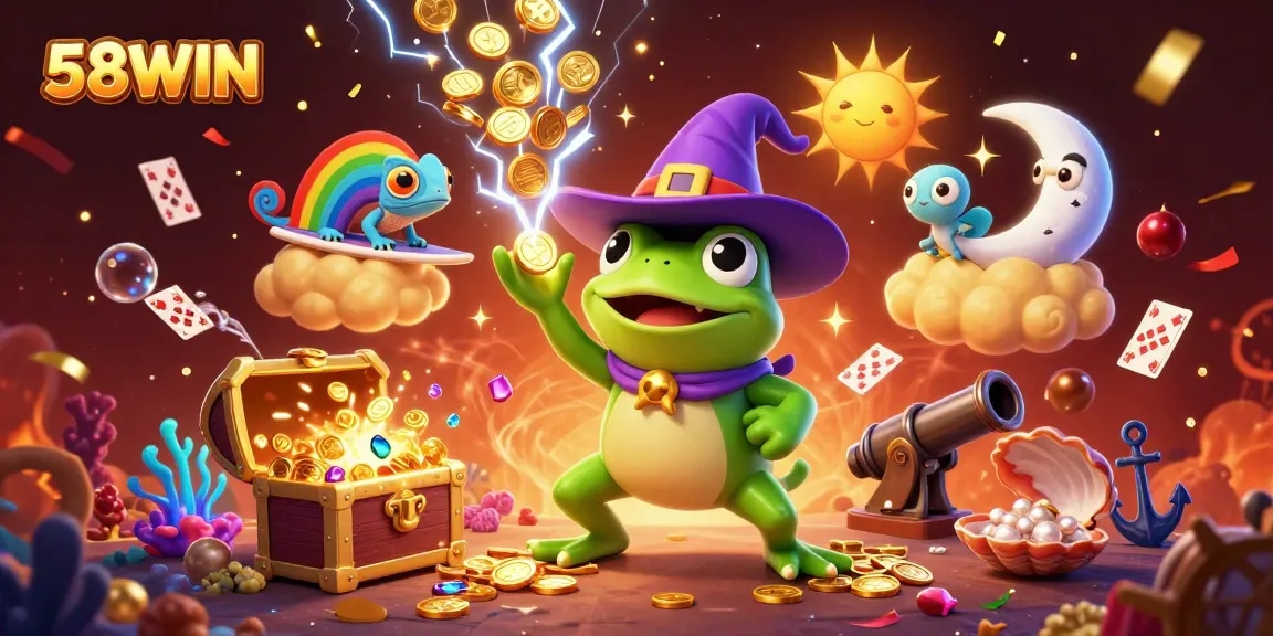 Experience the thrill of winning at 58WIN with a dynamic scene featuring magical characters and casino elements.