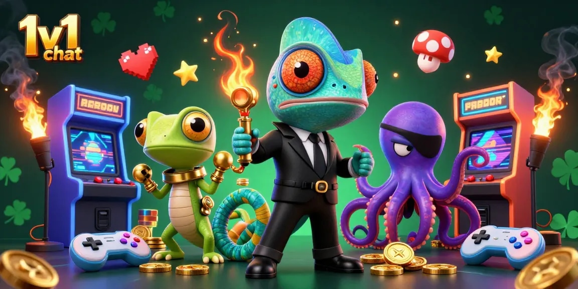 Engage in 1v1 chat with colorful characters amidst vibrant casino-themed visuals