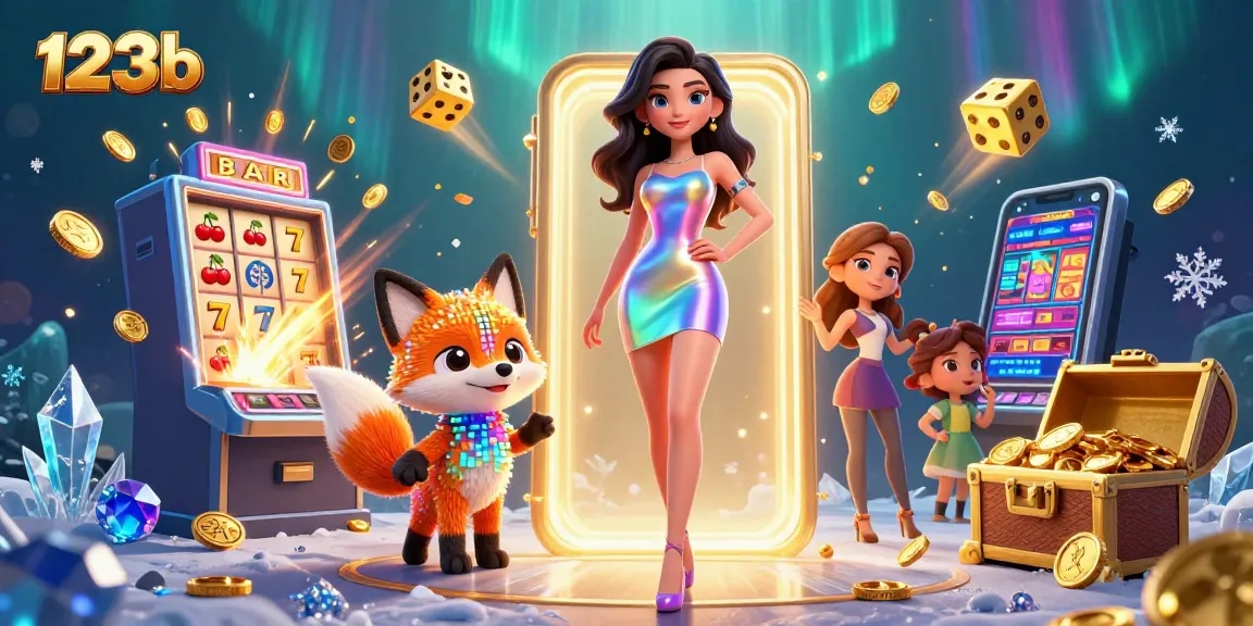 Play exciting games at 123b with a vibrant 3D scene featuring jackpots and colorful casino elements.
