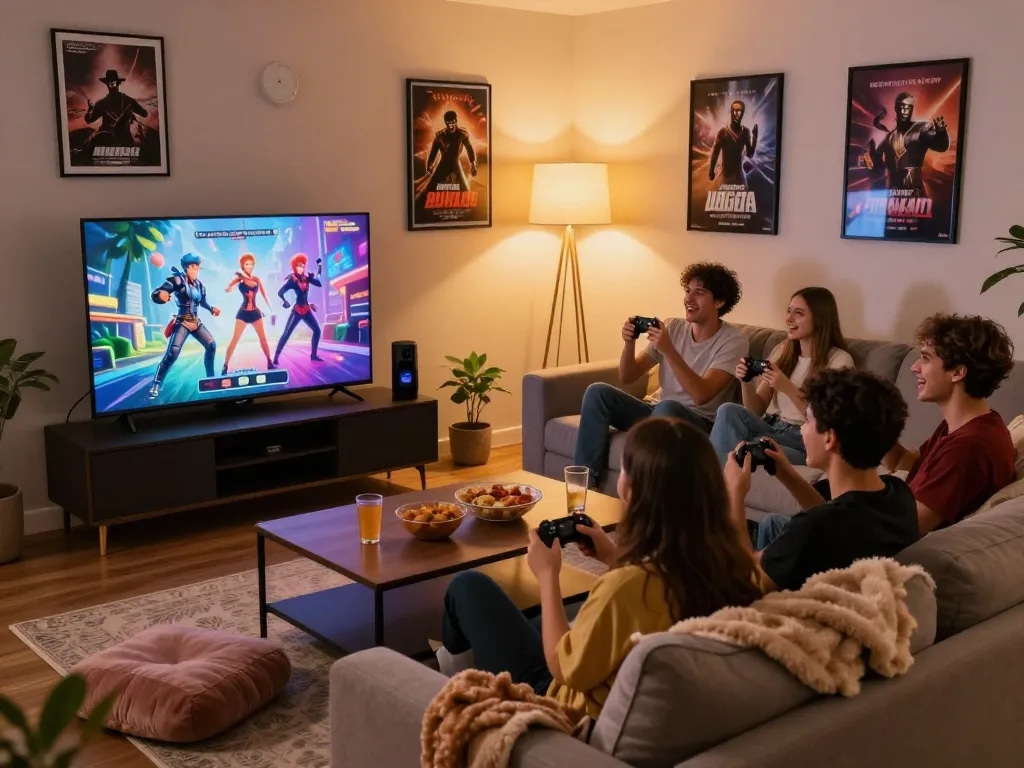 Friends enjoying a fun time playing a porn game in a cozy living room with snacks and soft lighting.