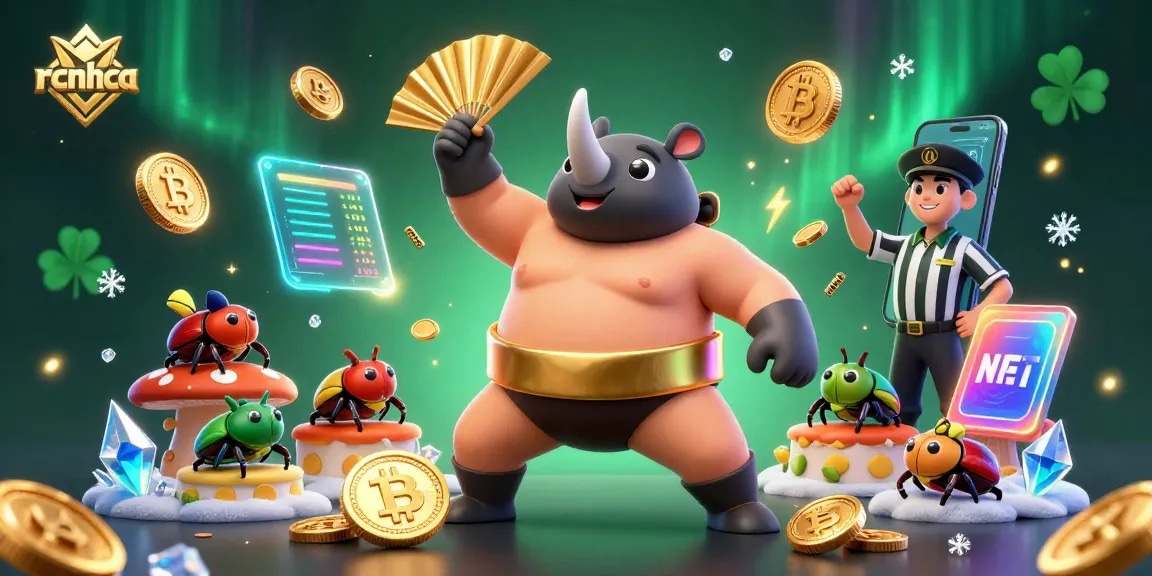 Engage with rcnhca featuring a sumo beetle champion surrounded by glowing cryptocurrencies and digital elements.