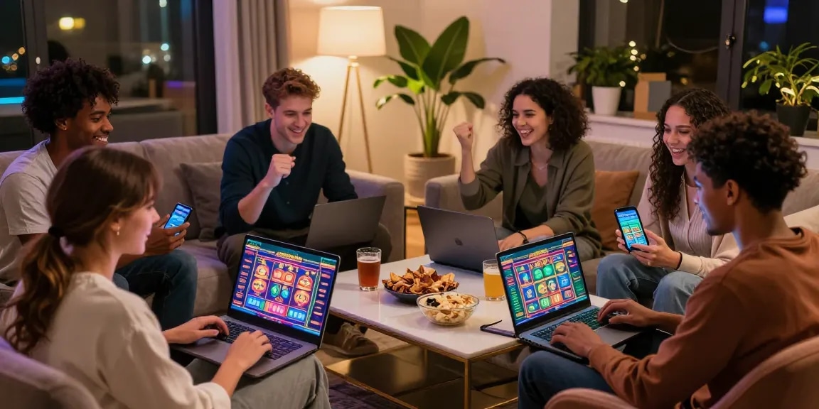 Diverse group enjoying online gaming at home, exploring non UK casinos at https://dsam.org.uk with vibrant graphics.