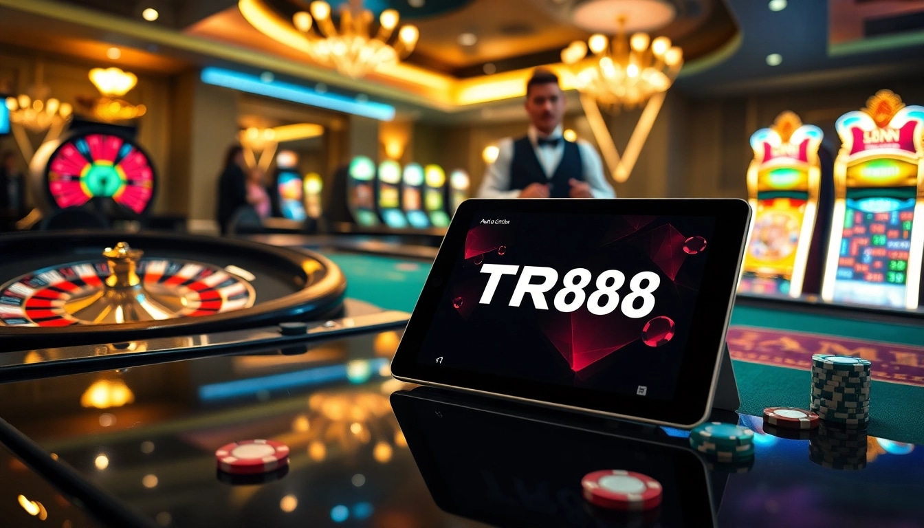 Experience the excitement of the TR88 app featuring vibrant casino elements like roulette and poker games.