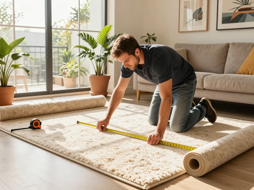 Professional carpet fitters near me installing plush carpet in a bright living room.