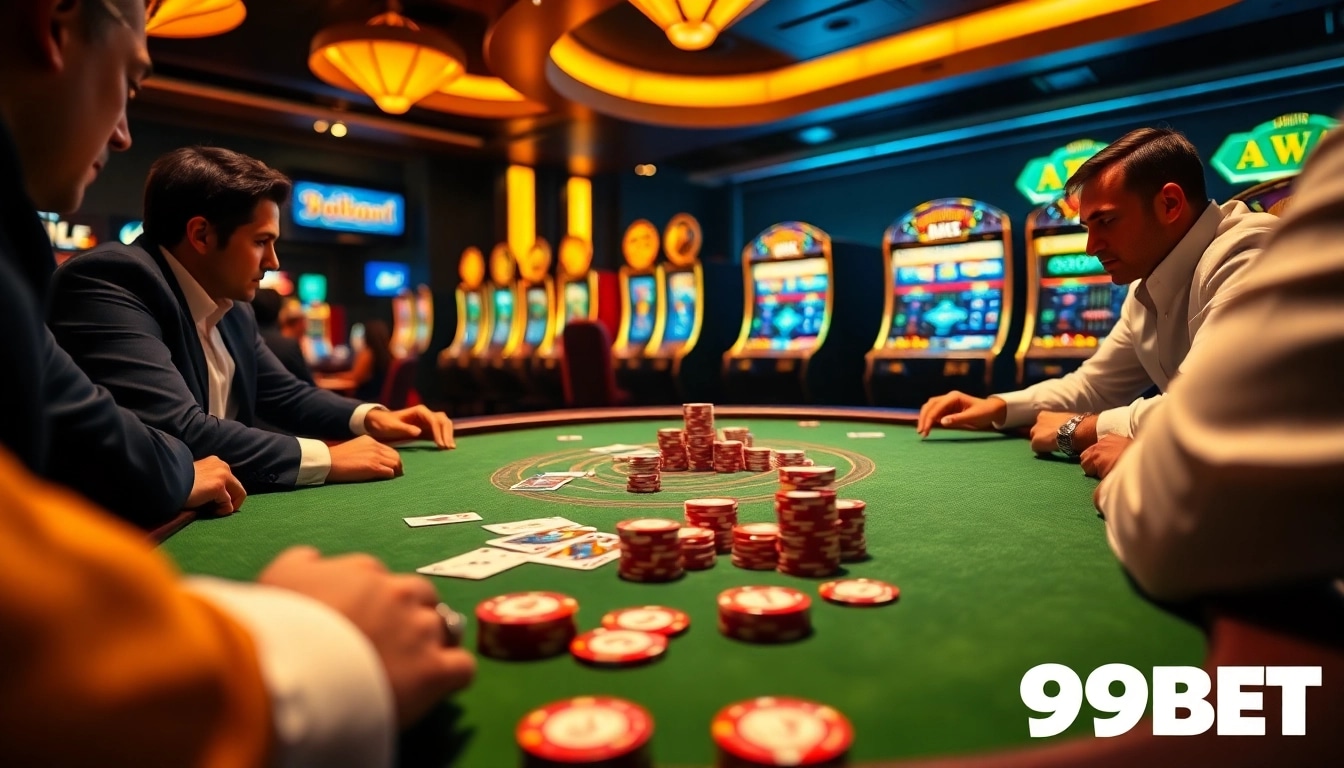 Players strategize at a luxurious poker table while engaging in excitement at 89BET Casino.