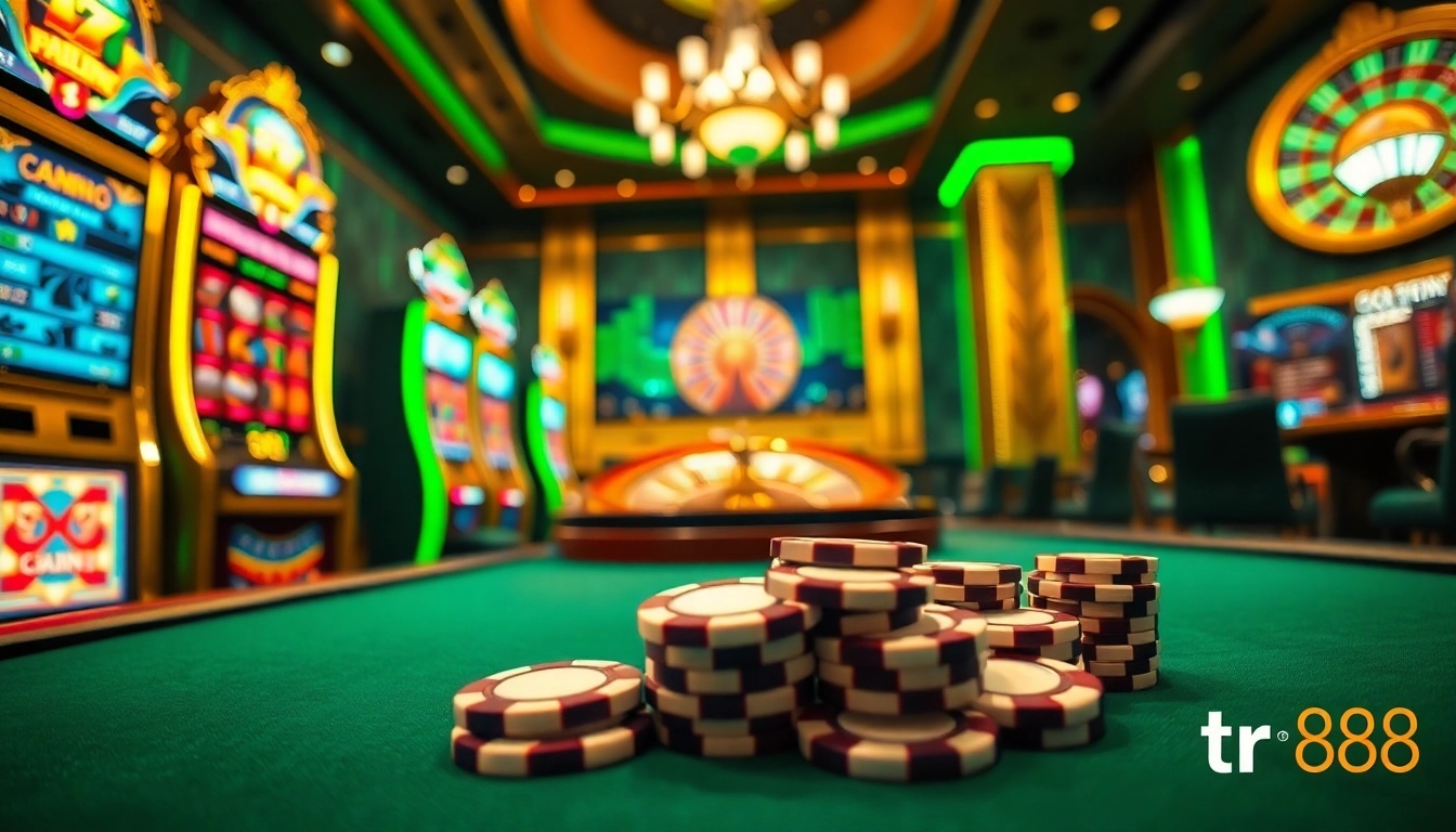 Experience the excitement of tr88 with vibrant casino scenes featuring poker chips and roulette wheels.