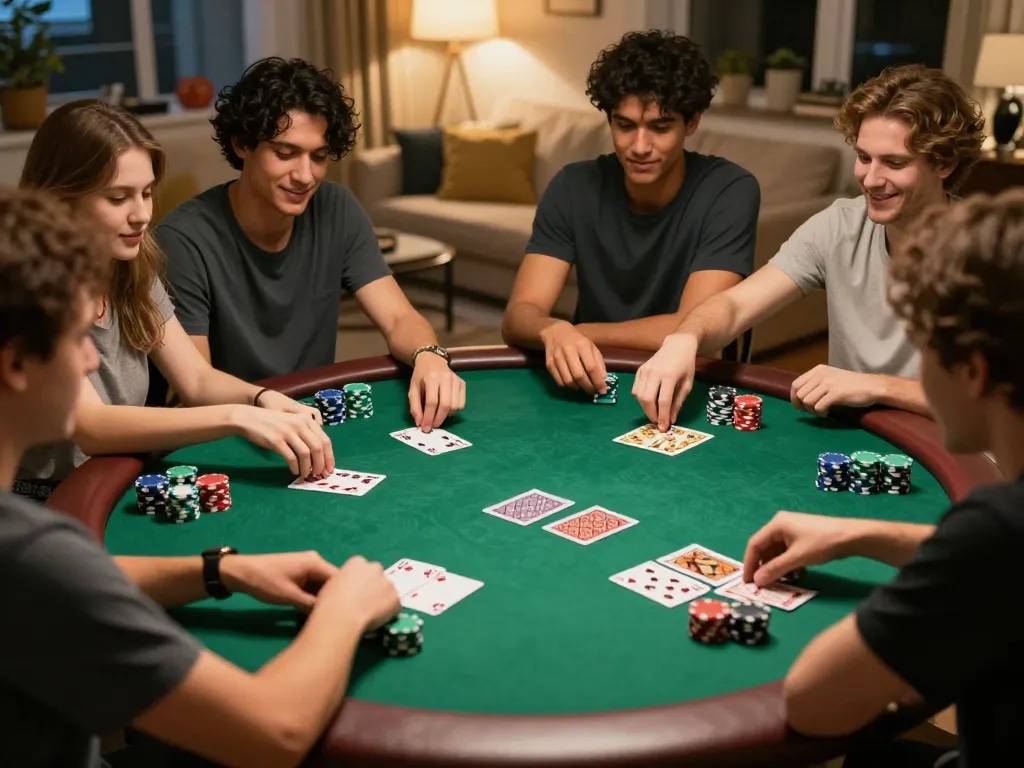 Friends enjoying an engaging poker night at home, featuring MrPokies77 cards and chips