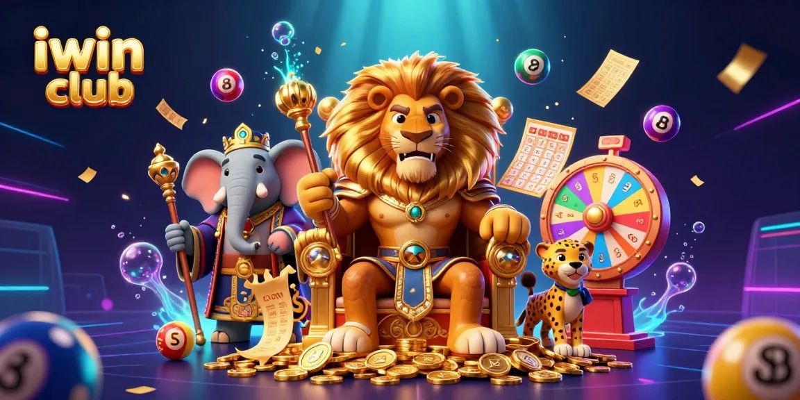 Join the excitement at iwin club with a dynamic lottery scene featuring a lion king, elephant advisor, and cheetah messenger.