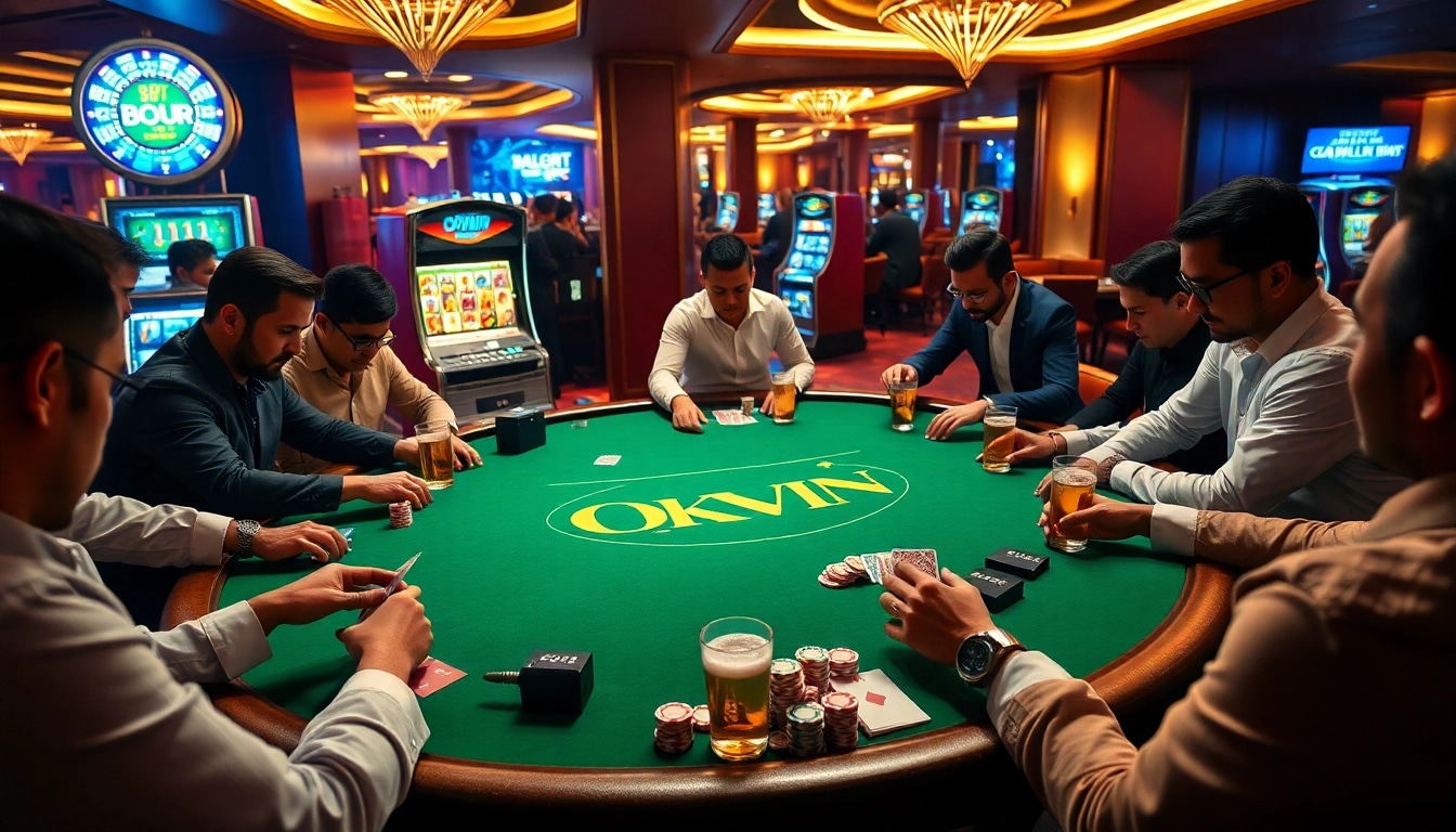 High-stakes poker players at OKWIN casino, immersed in a thrilling gambling experience.
