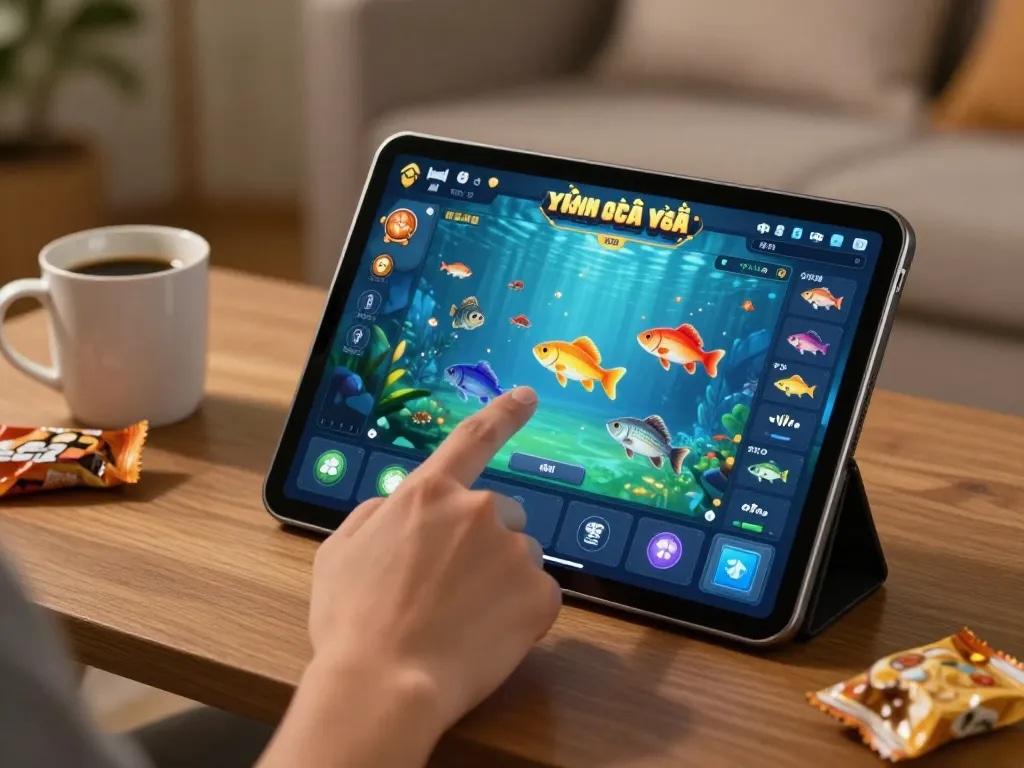 Bắn cá đổi thưởng game interface on a tablet with player aiming at colorful fish