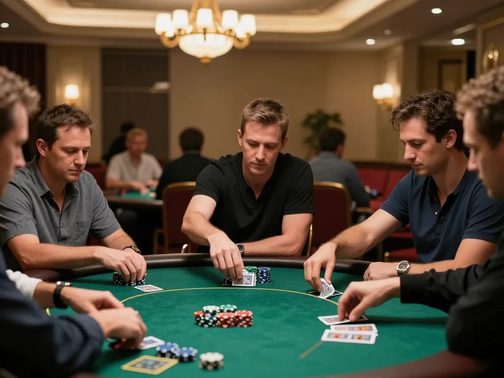 Winning players engaged in intense poker gameplay at a high-end casino, showcasing slot gacor strategies interacting with chips and cards.