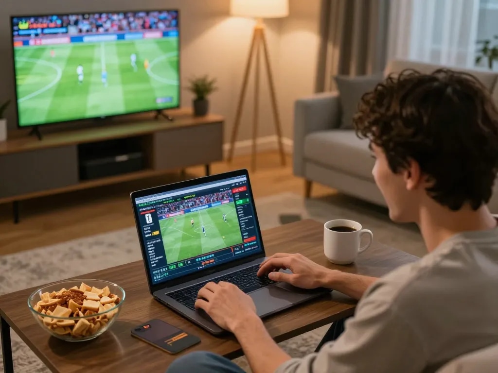 Engaging online betting session with bong88 on laptop while watching football, showcasing active gameplay