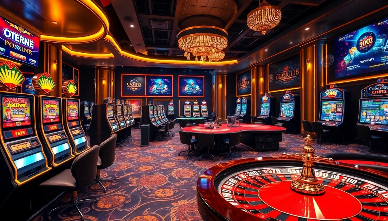 An online casino experience showcasing exciting games available at https://nohu90a.uk.com/ with dazzling slots, poker tables, and roulette.