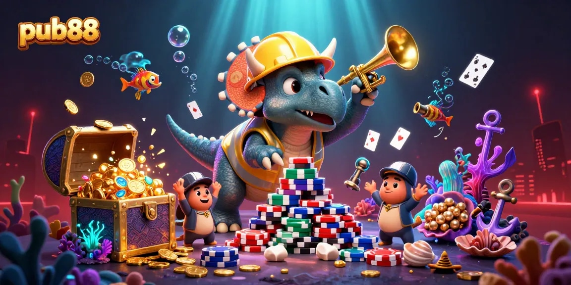 pub88 players celebrating a big win with vibrant poker-themed illustration and rich casino elements