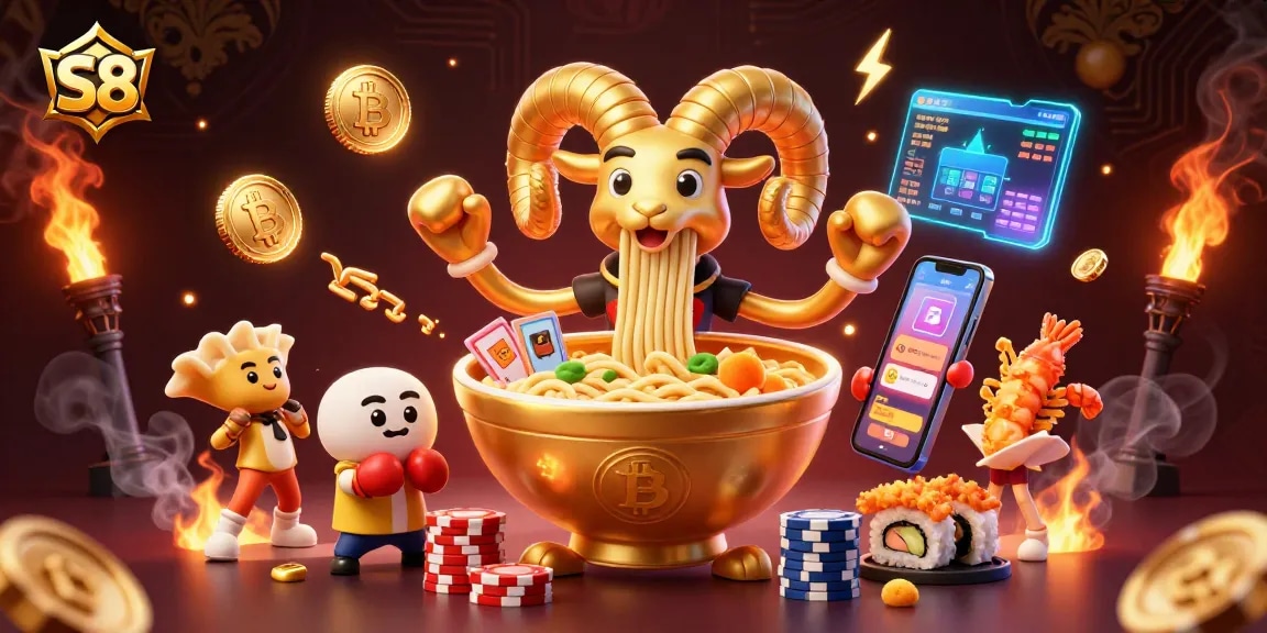 S8 casino engagement with a vibrant golden ramen bowl character and dynamic gaming elements.