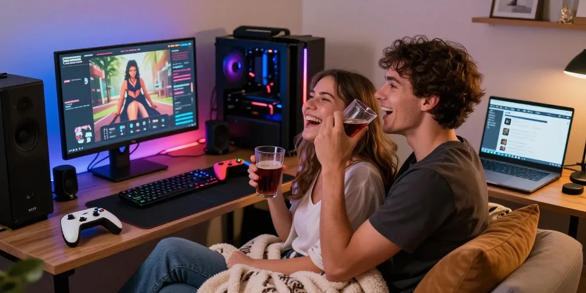 Couple enjoying AI porn games on a modern gaming setup with RGB lighting.