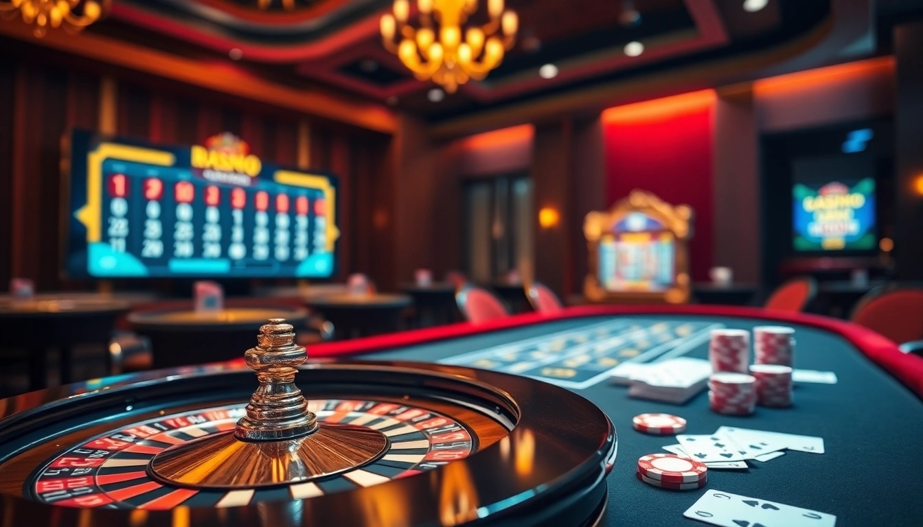 C54.gb.net offers a vibrant casino scene with roulette, poker chips, and excited players.