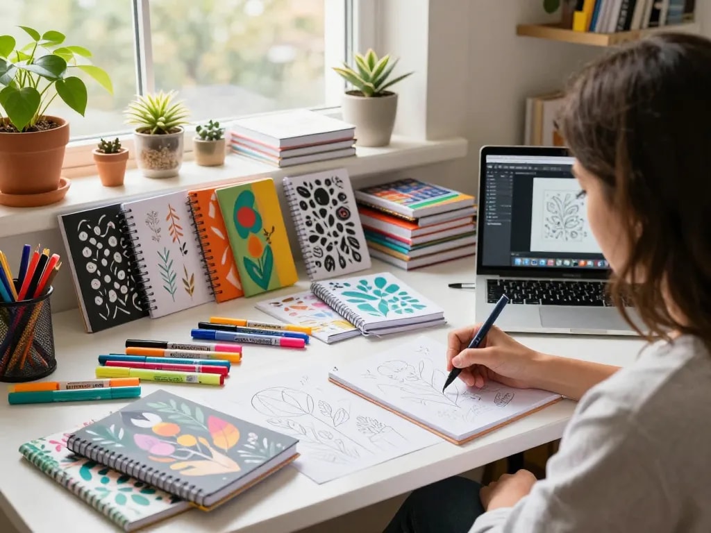 Artist designing custom printed notebooks in a colorful workspace filled with art supplies.