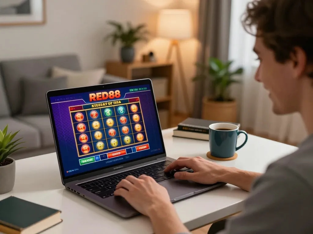 Player enjoying RED88 online slots on a laptop, cozy home ambiance