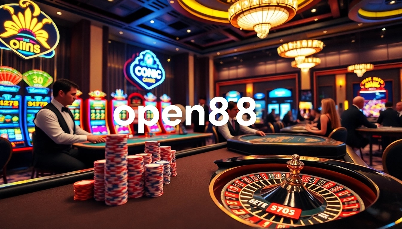 Players enjoying thrilling games at open88 casino table with vibrant slot machines.