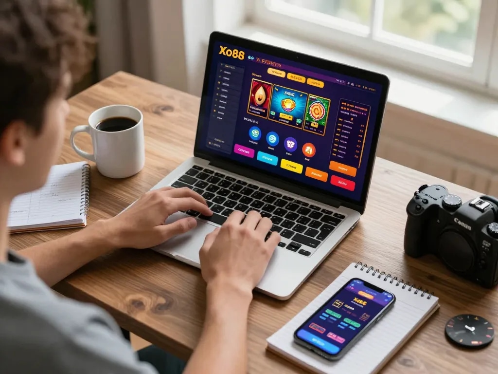 Xo88 online casino gaming on a laptop with vibrant graphics and betting options, showcasing a cozy home setup.