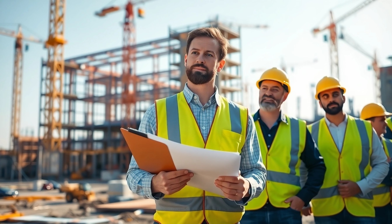 New Jersey Construction Manager leading a construction team on-site with cranes and building in the background.