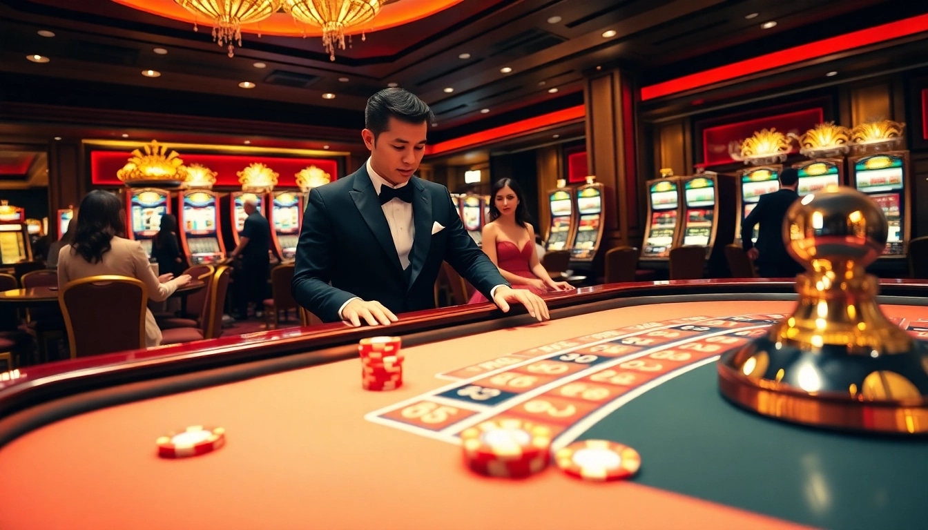 KIM88 casino players engaging at the roulette table, evoking excitement and luxury in a vibrant gambling environment.
