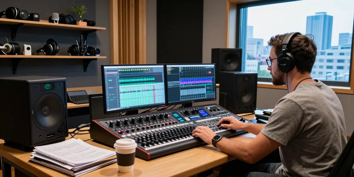 Sound engineer adjusting settings in a professional studio with audio equipment focusing on ia +18 sound production