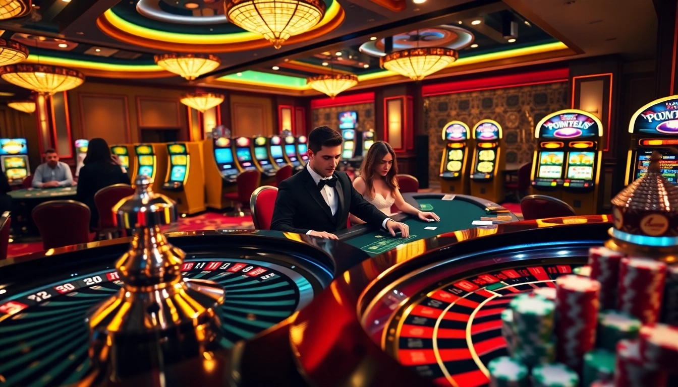 A thrilling scene of rr99 casino play featuring vibrant roulette, engaging players at a blackjack table, and colorful chips.