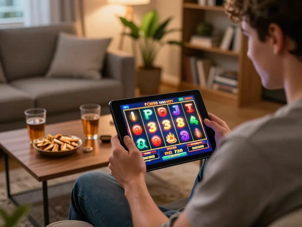 Engaged player exploring FCM99 free credit slots on tablet at home with vibrant snacks and warm lighting.