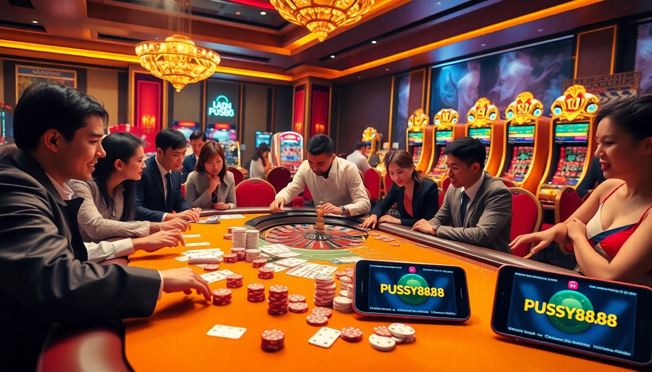 Pussy888 players enjoying an exciting casino experience with colorful gaming elements.