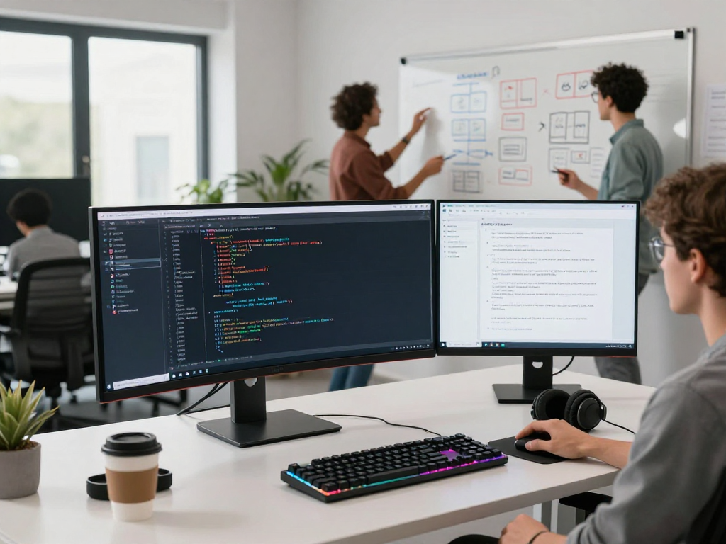 IPTV reseller solutions showcased in a modern tech workspace with advanced software development tools and collaborative coding.