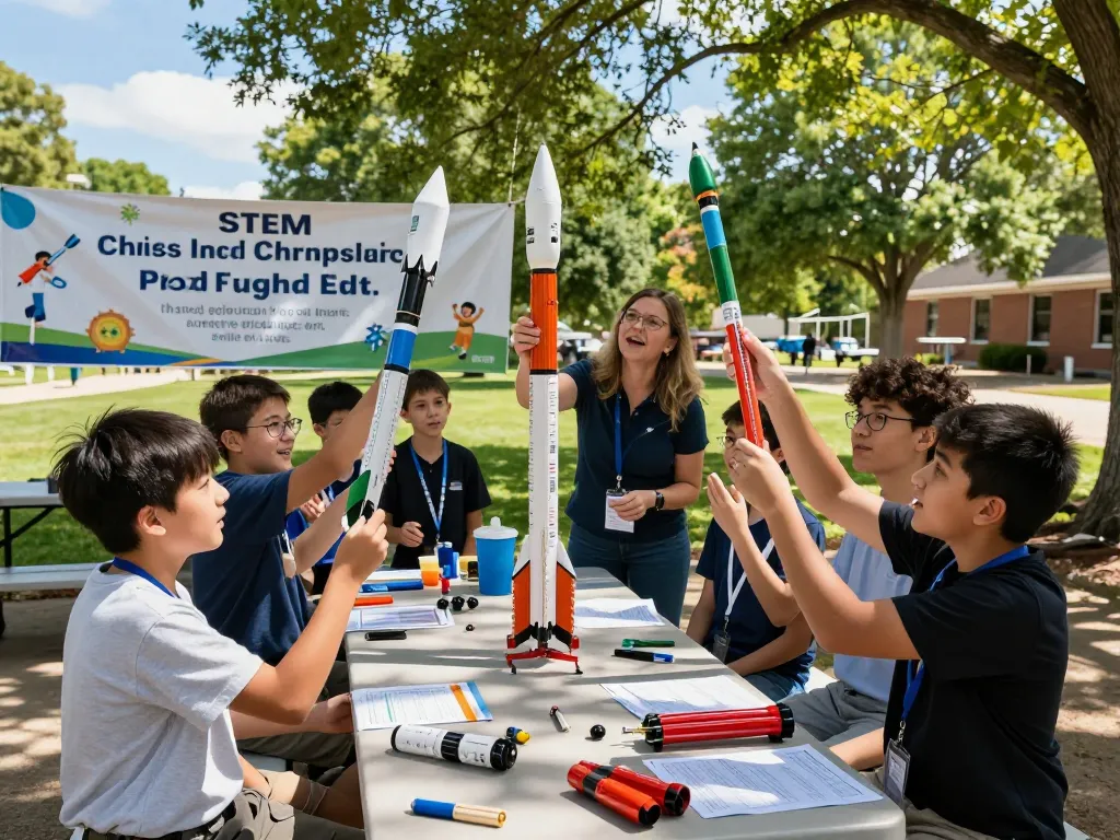 Students preparing to launch model rocket motors at a school science fair in an engaging outdoor setting.