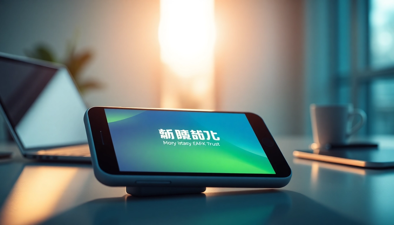 在现代工作区的 Android 智能手机上显示的快连下载应用，展示科技与创新。