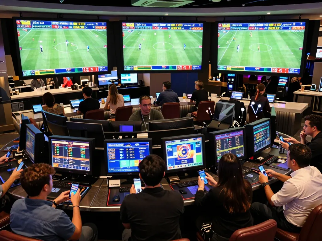 Bongdalu users engaging in live sports betting in a modern casino lounge