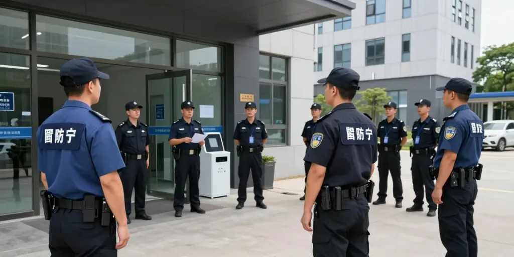 Security Company safeguarding local businesses with professional staff in branded uniforms.