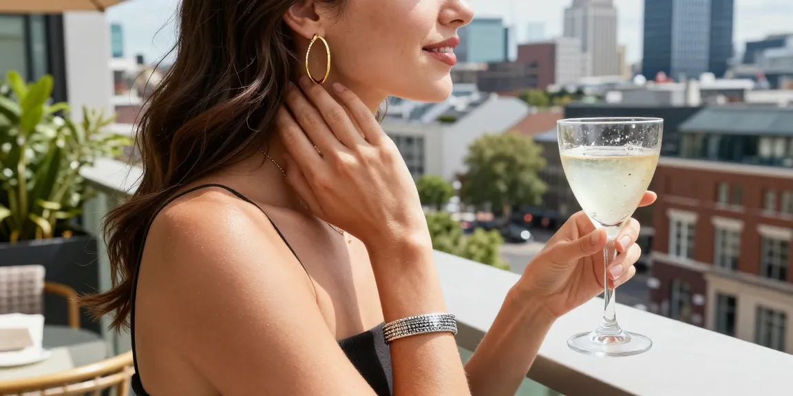 Beautiful woman wearing british handmade jewellery, including gold hoop earrings, against a sunny city backdrop.