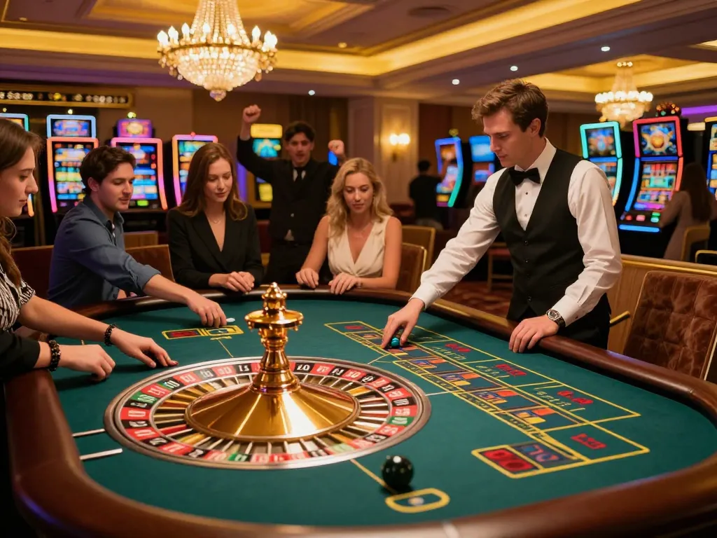 Sungaitoto players engaged in exciting roulette gameplay, with a spinning wheel and vibrant casino atmosphere.