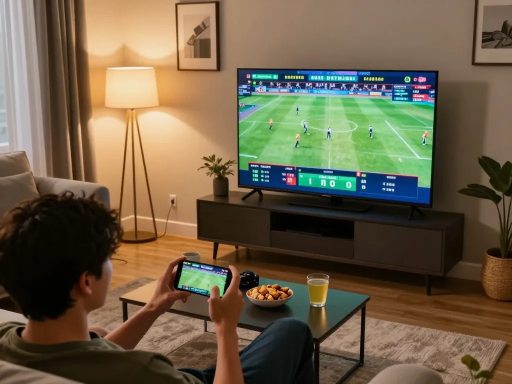 Person using 1gom app for live sports betting in a cozy home environment