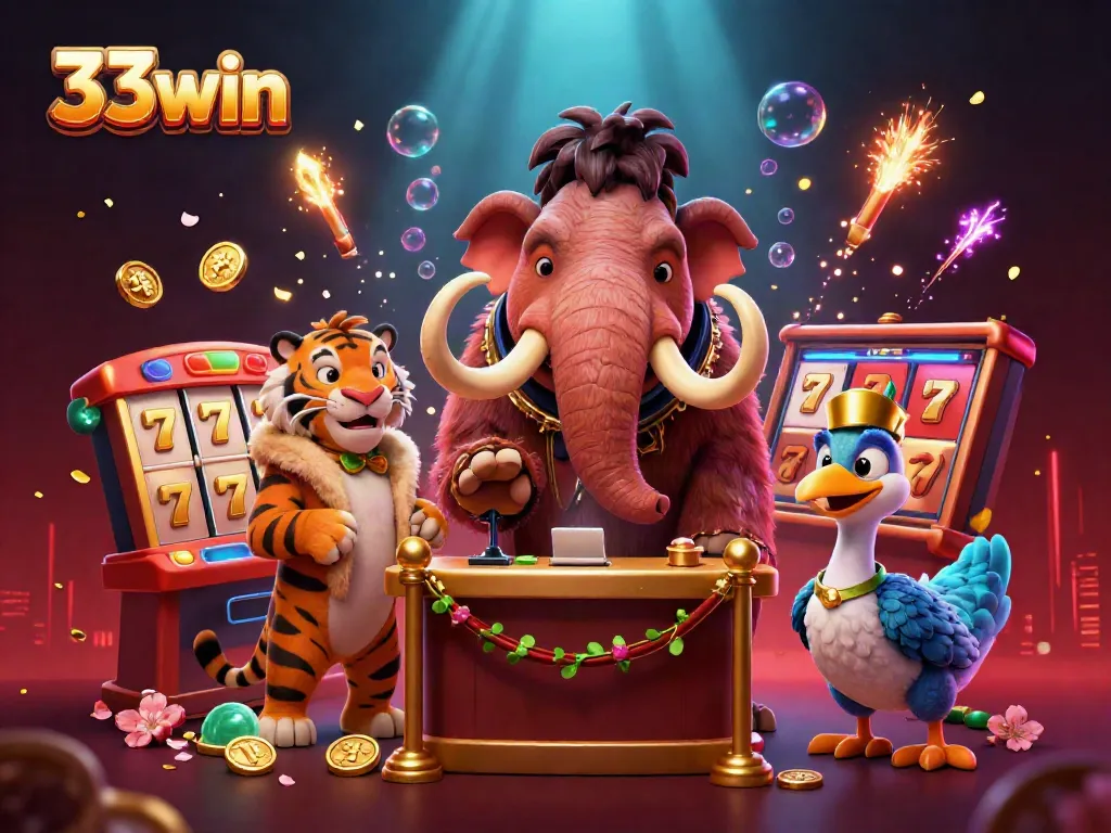 Engage with 33win at the casino, featuring a vibrant scene with a woolly mammoth bouncer and a saber-tooth tiger VIP.