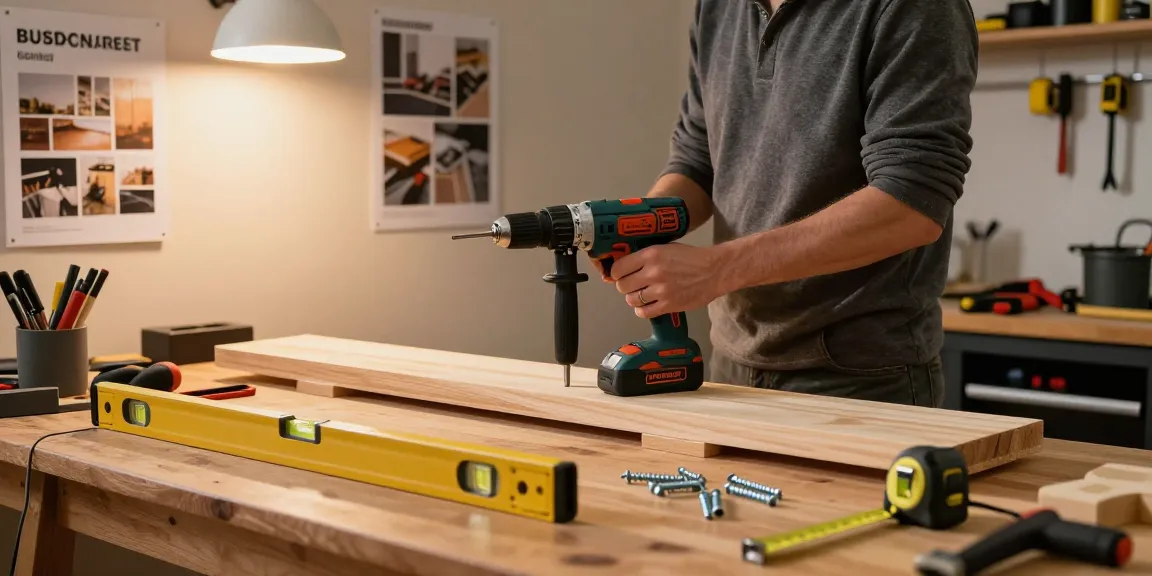 Person using a stanley drill to install shelves in a cozy workshop.
