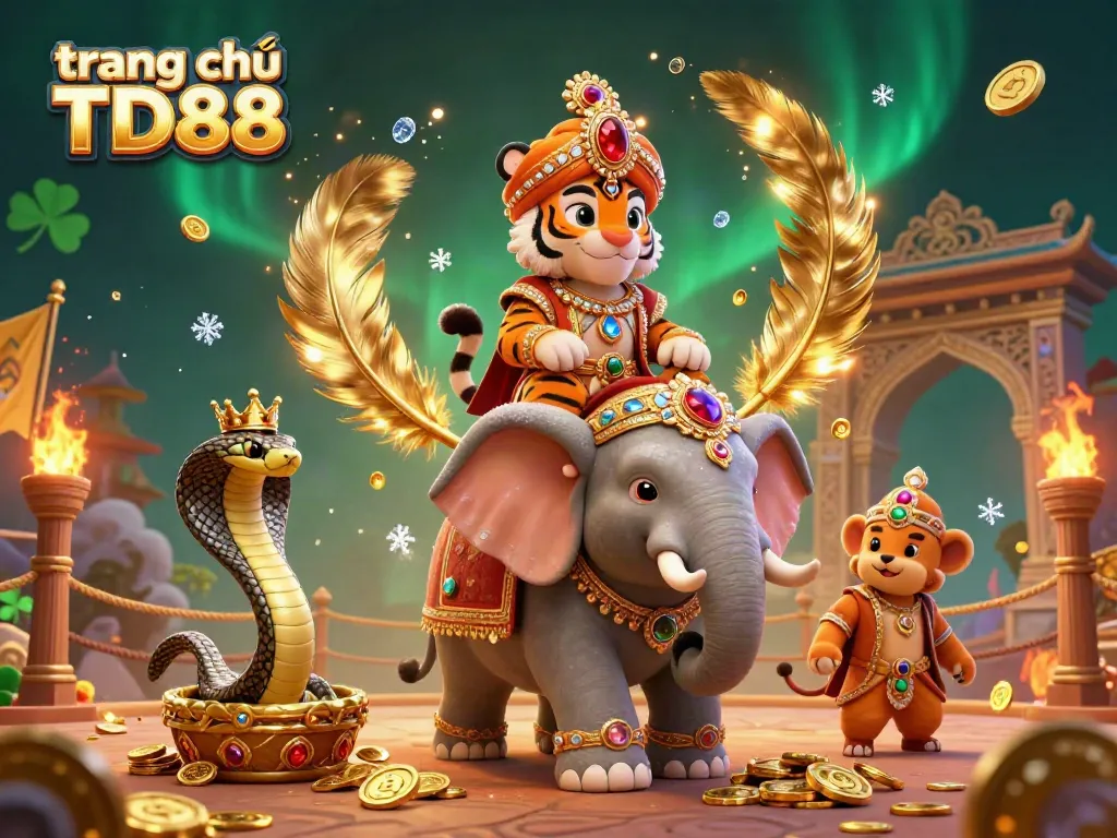 Engaging action at trang chủ TD88 with a majestic tiger, an ornate elephant, and a crown-wearing cobra enjoying the thrill of the casino.