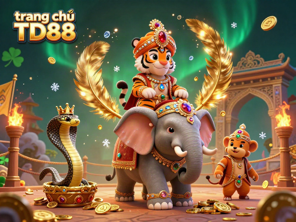 Engaging action at trang chủ TD88 with a majestic tiger, an ornate elephant, and a crown-wearing cobra enjoying the thrill of the casino.