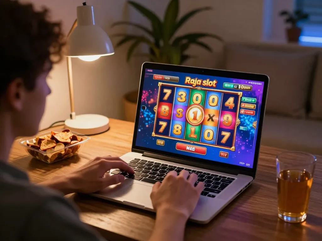 Pemain yang terlibat menikmati permainan raja slot di laptop dalam suasana rumah yang nyaman dengan camilan.