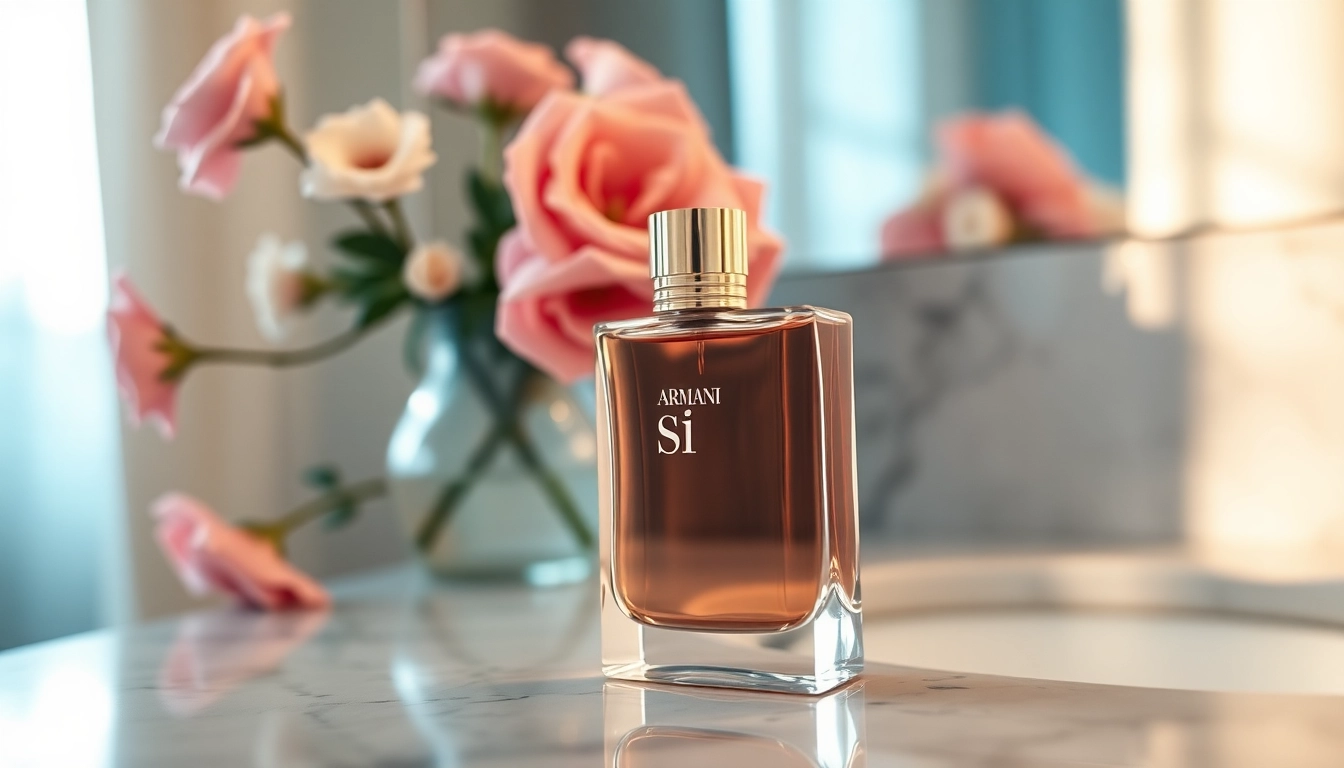 Discover the elegance of Armani si perfume displayed on a luxurious vanity.